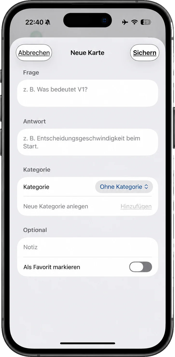 LearnFlip auf dem iPhone: neue Karte mit Frage, Antwort und Kategorie erfassen